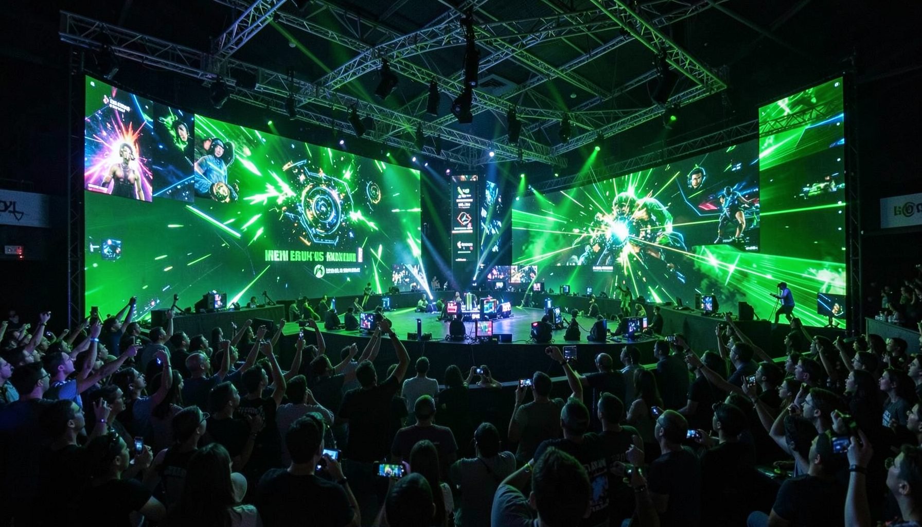 Đấu trường e-sports với màn hình LED xanh lá rực rỡ và đám đông cổ vũ trong ánh sáng neon